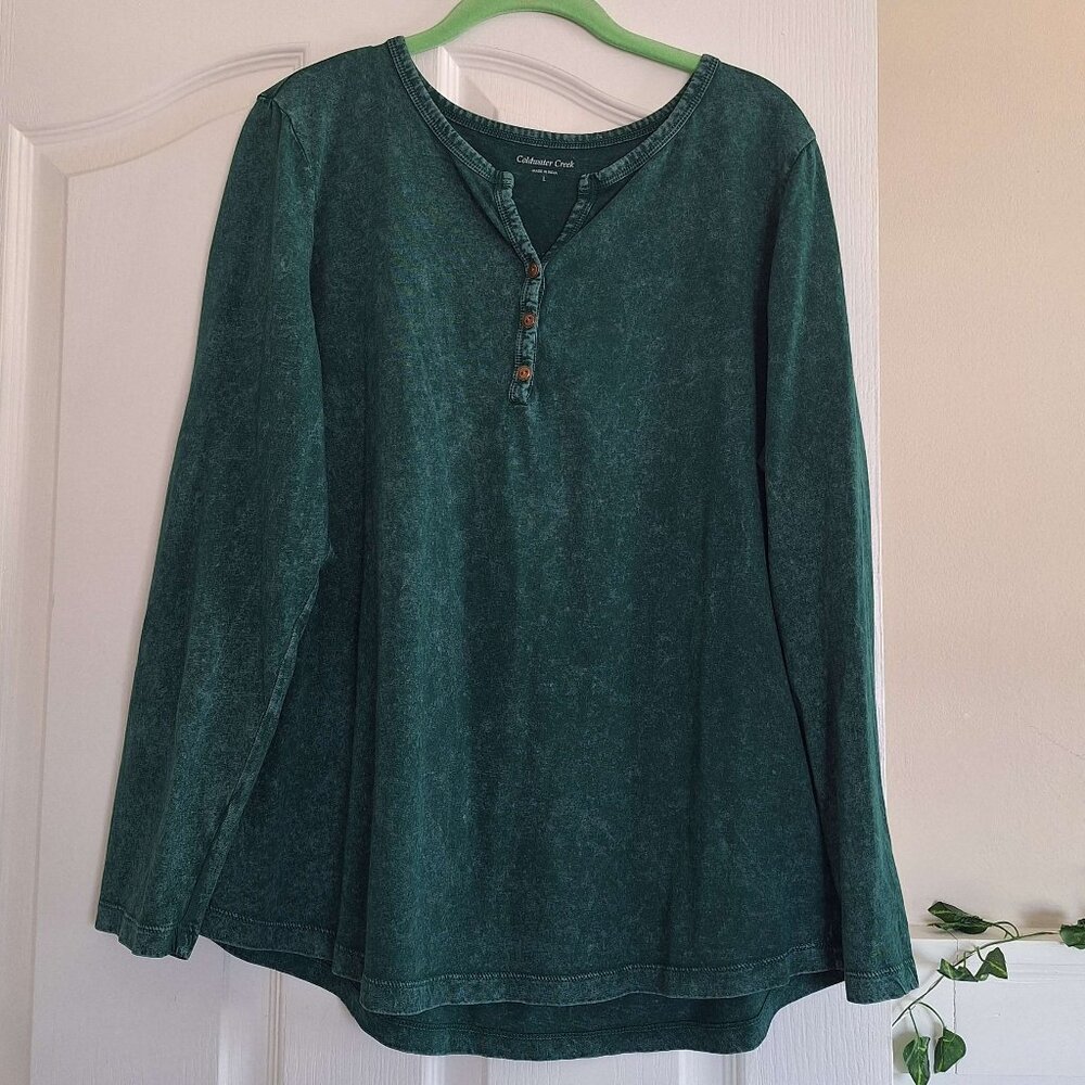 Coldwater Creek Vintage Wash Green Long Sleeve Henley Size Large